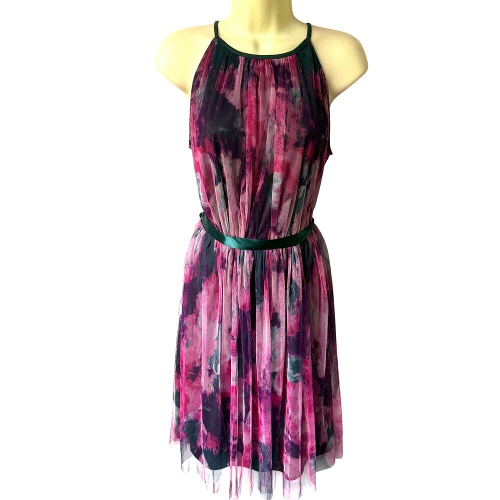 Candalite Fushia and Green Tie Waist Abstract Watercolor Dress